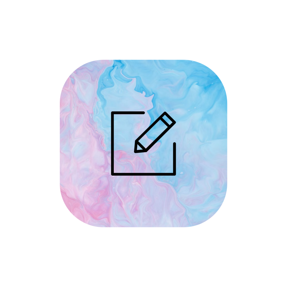 A pink and blue colored icon with a pencil and check mark flat png