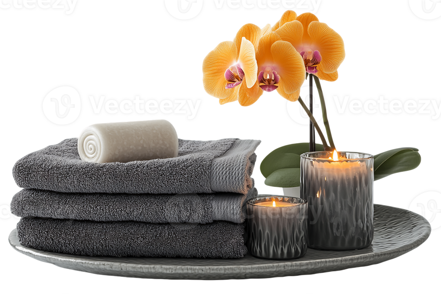 Orange Orchids Grey Towels and Candles on Tray png