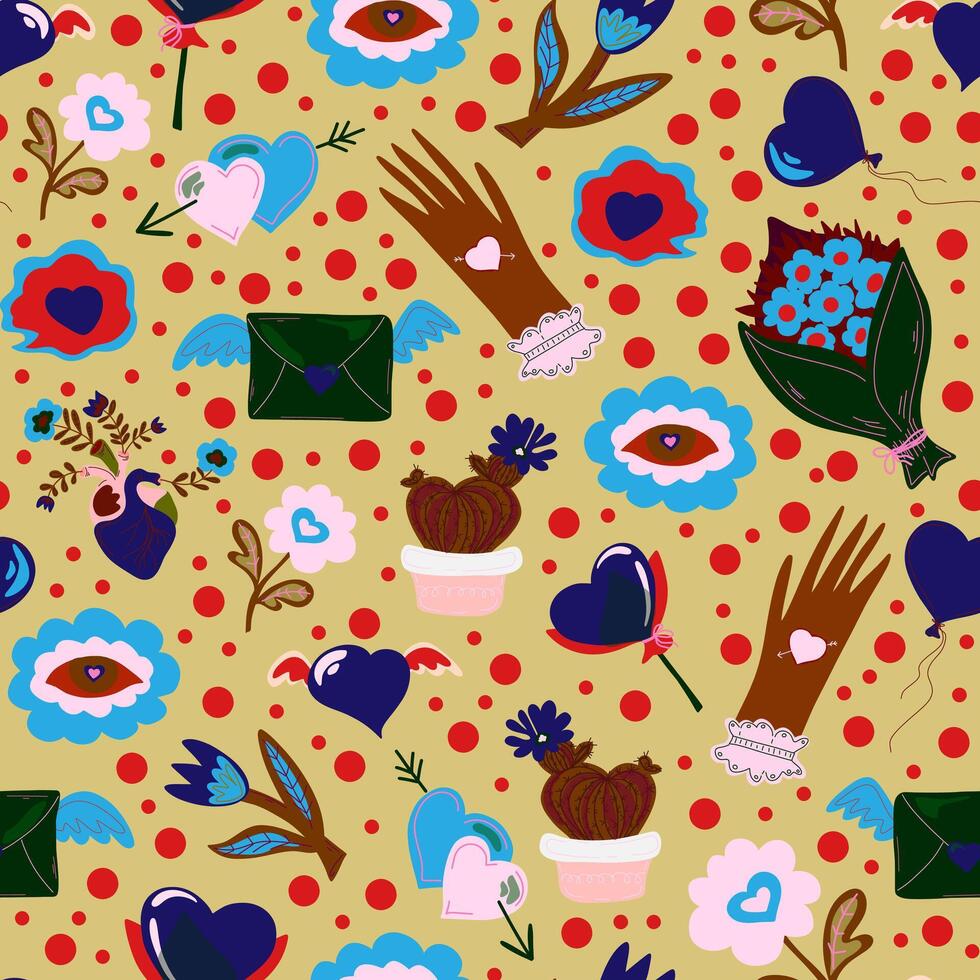 a pattern with hearts, flowers and other objects vector