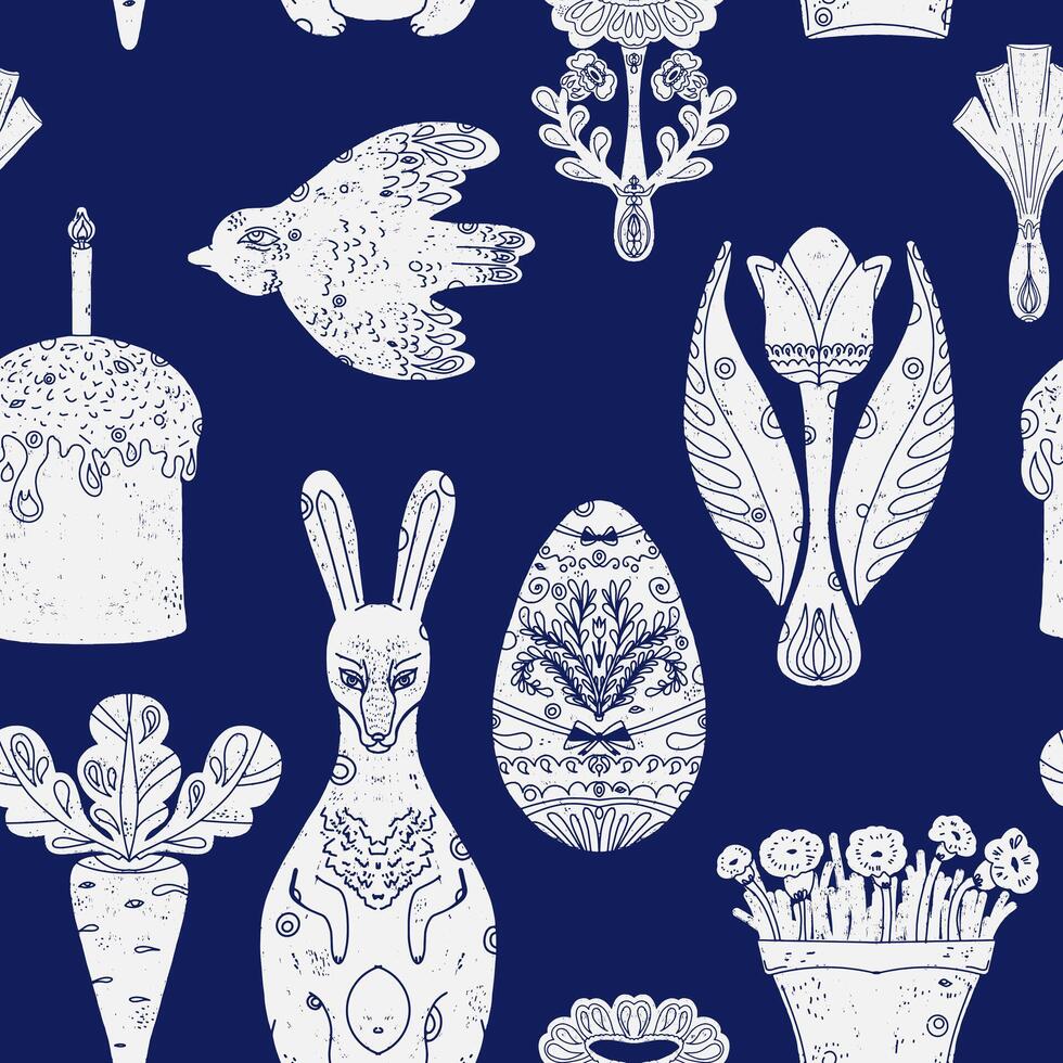 easter seamless pattern with flowers, eggs and rabbits vector