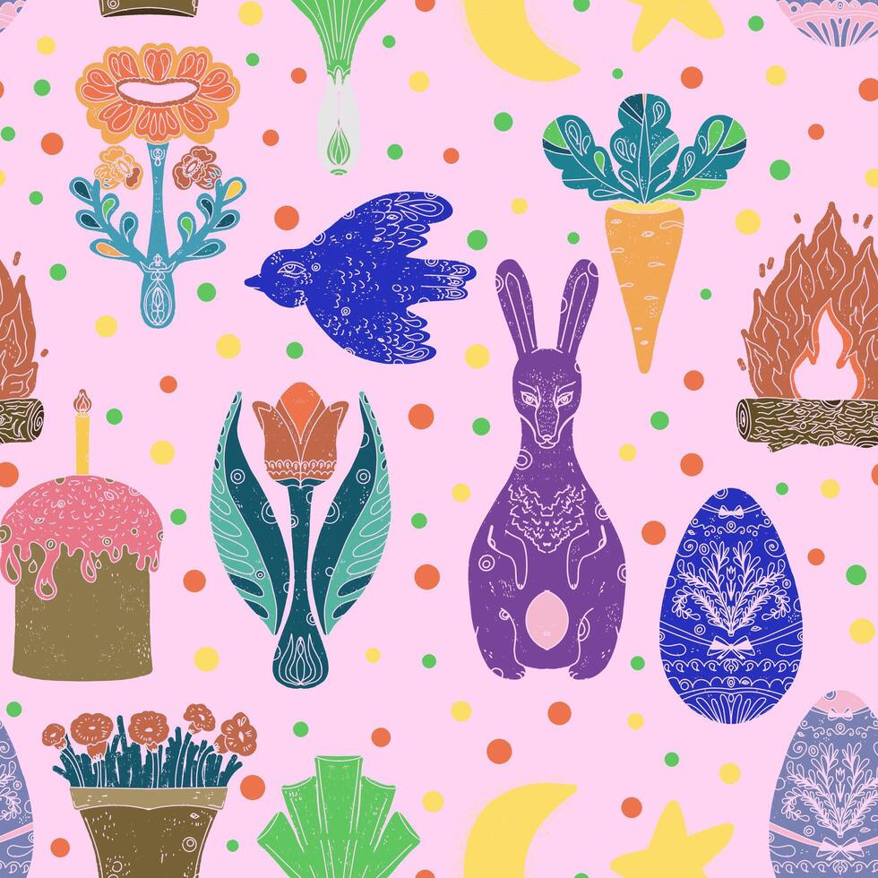 a pattern with rabbits, eggs and other items vector