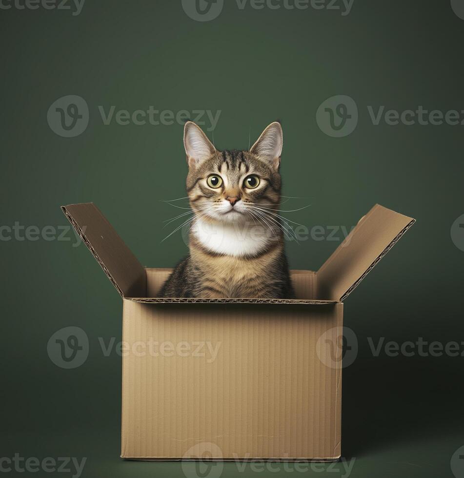 Curious cat sitting in cardboard box. Serene expression photo