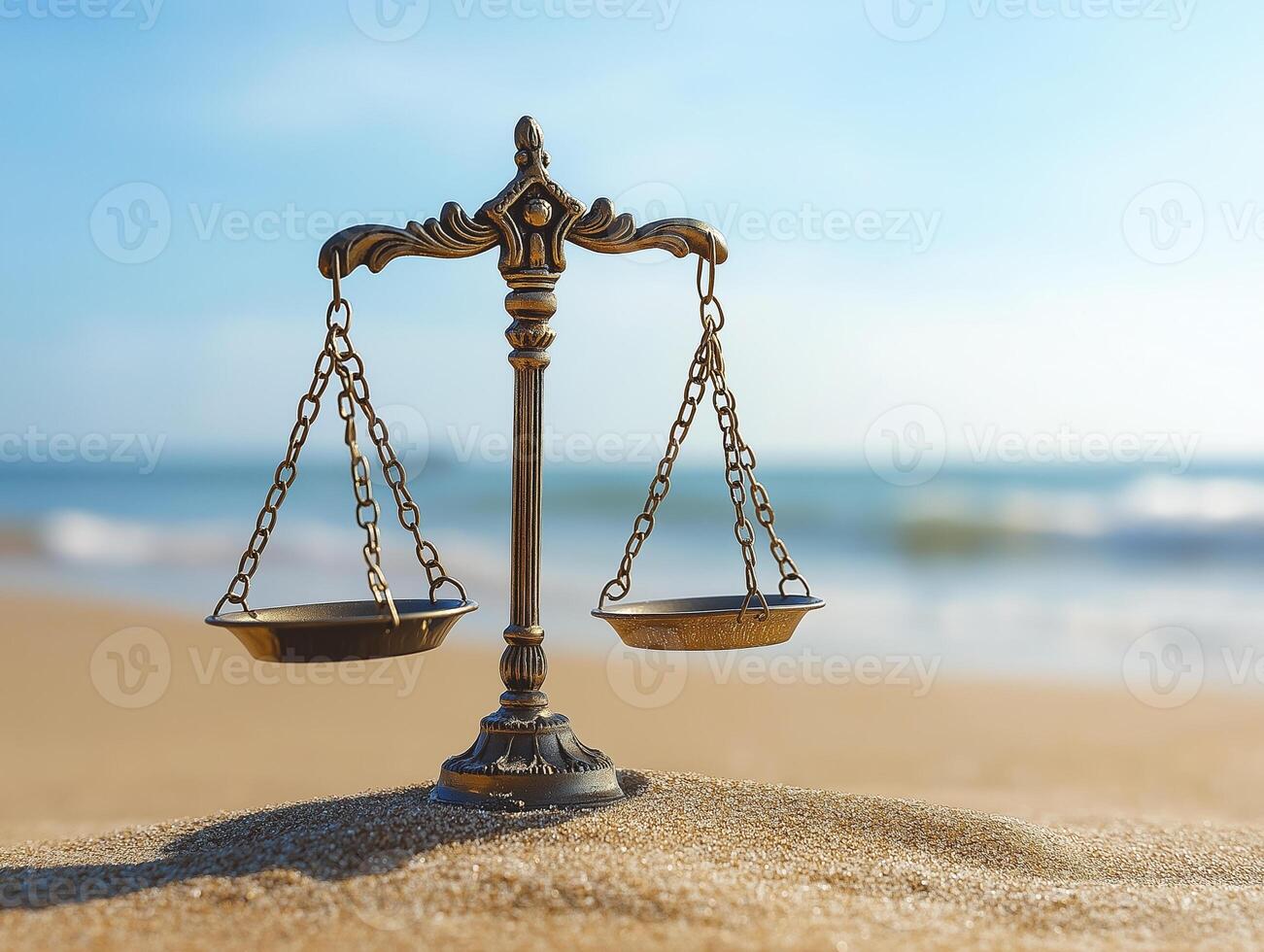 Golden scales of justice on beach, symbolizing balance and fairness in serene setting photo