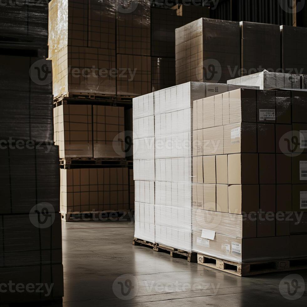 Large boxes stacked on pallets in industrial warehouse, showcasing organized storage and efficient logistics photo