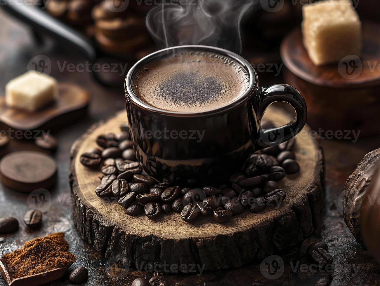 a steaming cup of coffee sits on wooden slice, surrounded by coffee beans and sugar cubes, creating warm and inviting atmosphere photo