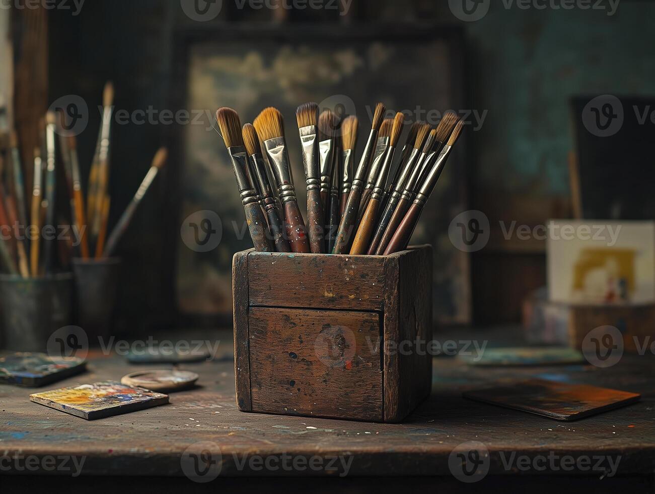wooden brush holder filled with various painting brushes on rustic table, surrounded by art supplies, creating creative atmosphere photo