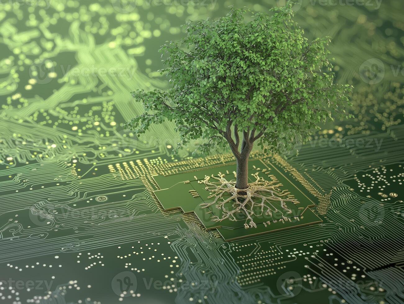 a tree growing on electronic circuit board symbolizes nature and technology merging harmoniously photo