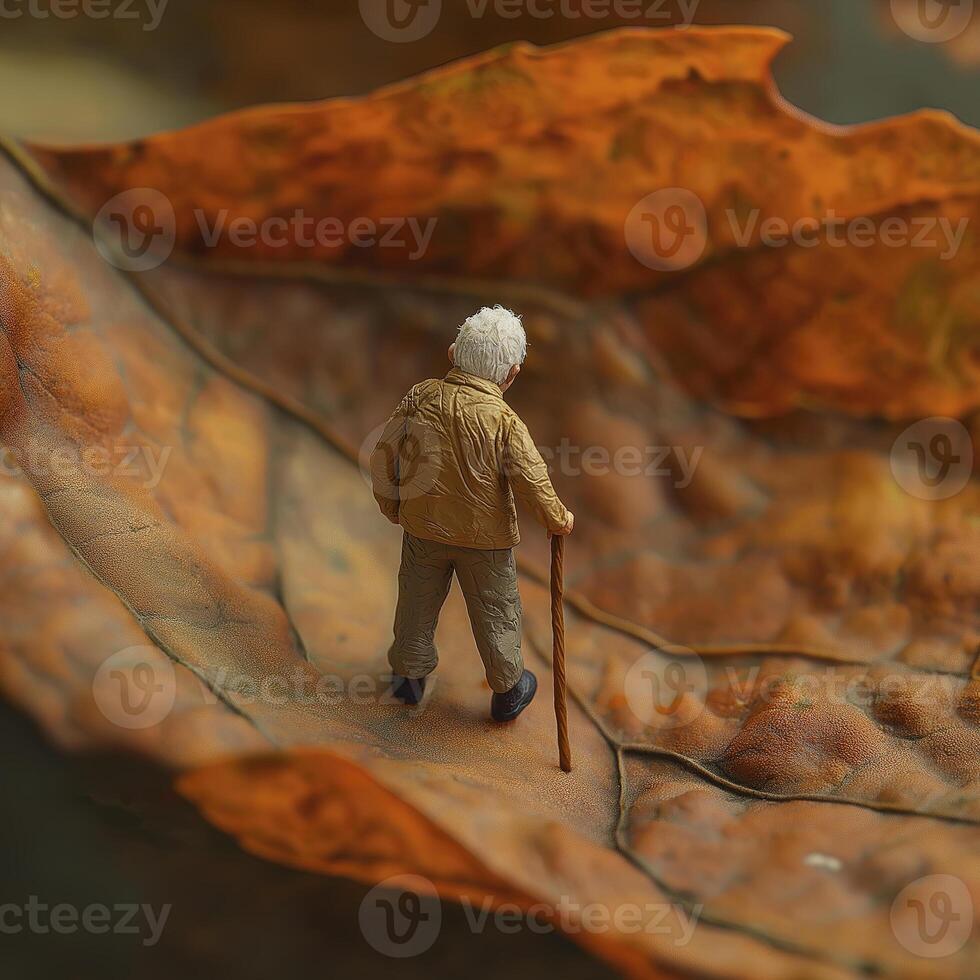 elderly man with walking stick stands on large leaf, surrounded by autumn colors. scene evokes sense of tranquility and nature beauty photo