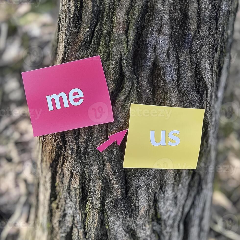 Two sticky notes on tree, one pink and other yellow, expressing connection and togetherness photo