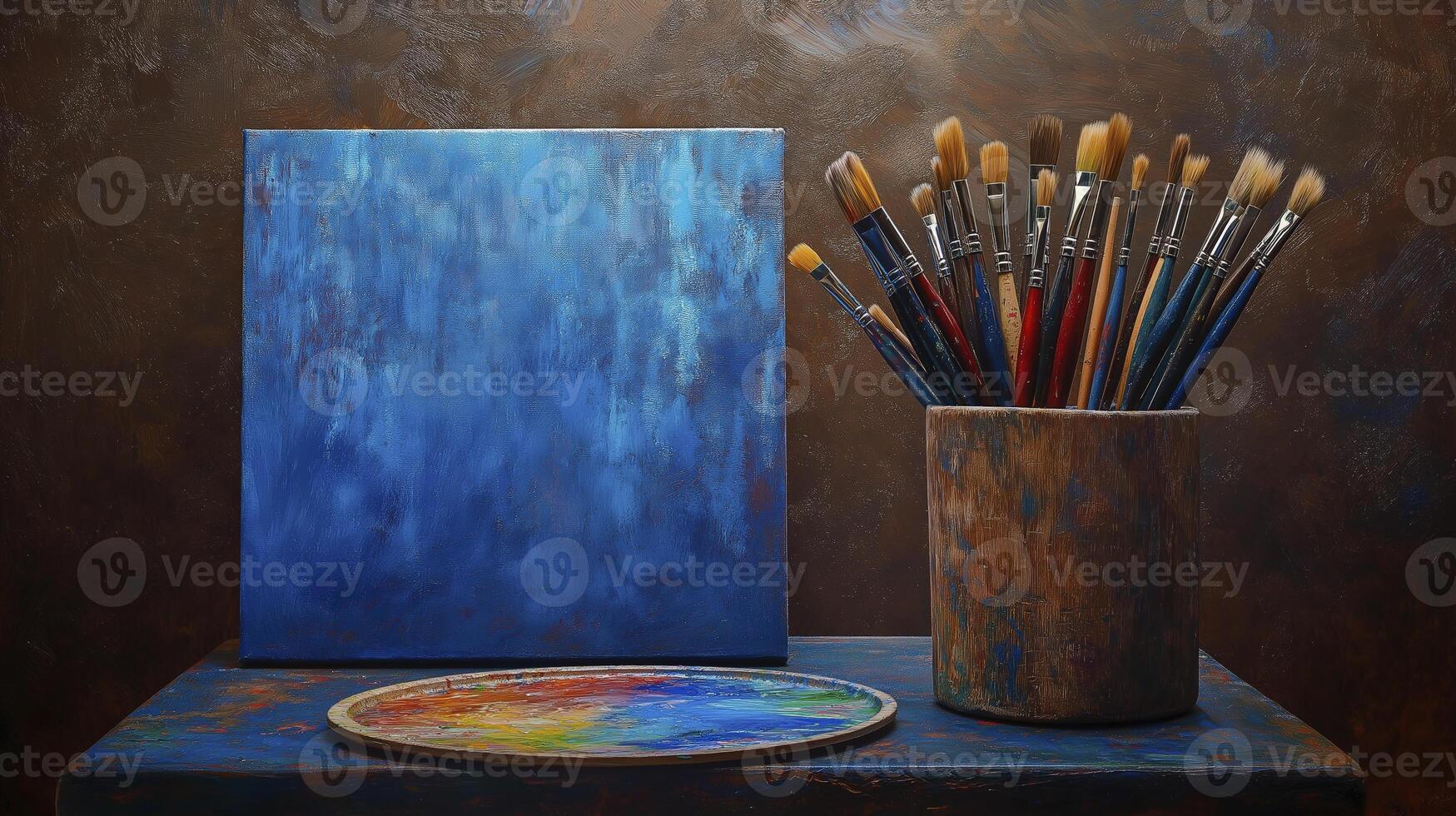 wooden brush holder filled with colorful art brushes beside canvas and palette. vibrant colors evoke creativity and inspiration photo