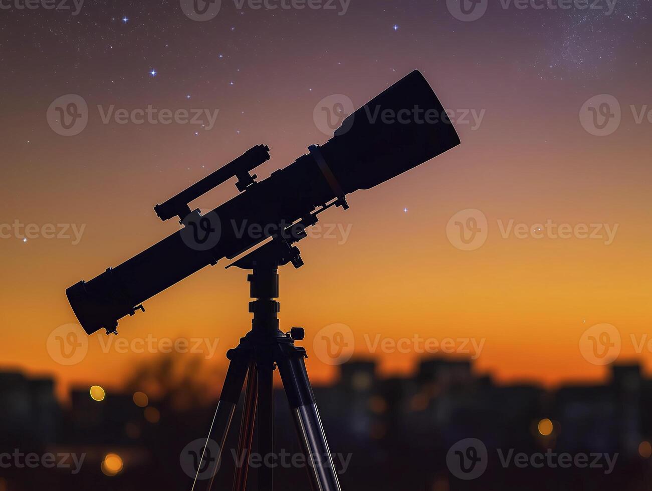 telescope on tripod silhouetted against sunset sky with stars photo