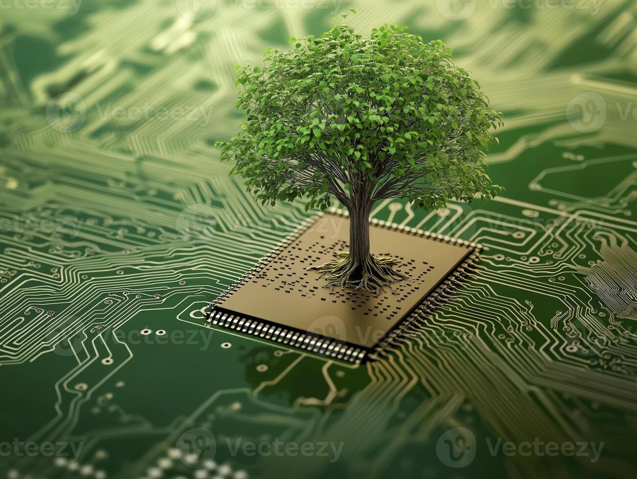 tree is growing on electronic circuit board symbolizes nature and technology photo