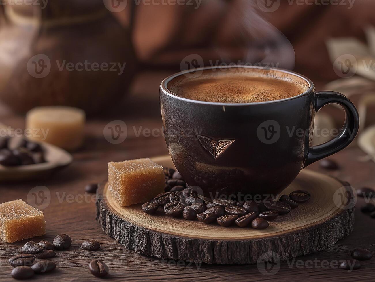 steaming cup of coffee sits on wooden slice, surrounded by coffee beans and sugar cubes, creating warm and inviting atmosphere photo