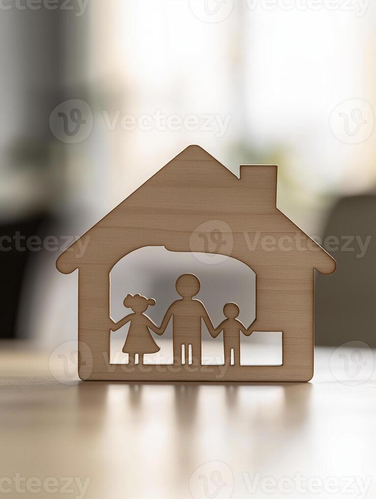 simple wooden house silhouette with cut out family figure, symbolizing love and togetherness photo