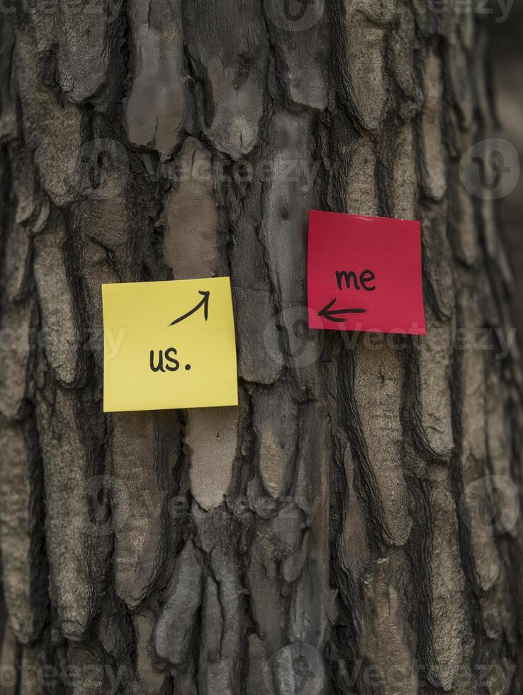 Two sticky notes on tree trunk, one yellow with us. and one red with me expressing connection and individuality photo