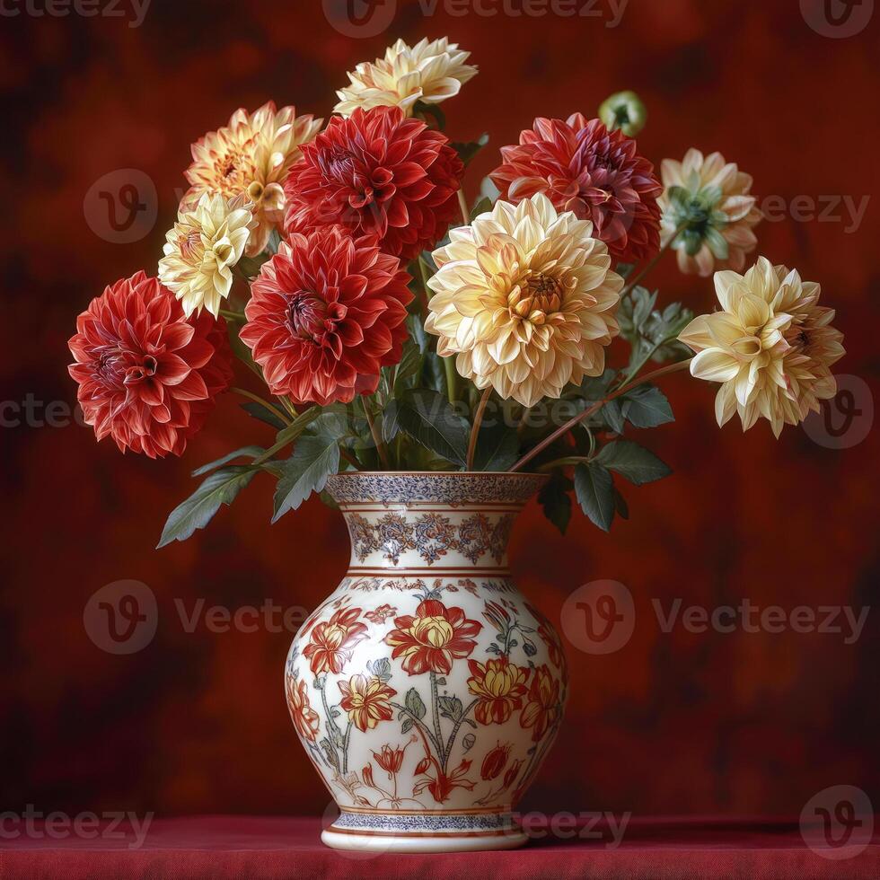 ceramic vase filled with vibrant red and yellow dahlia flowers, creating warm and inviting atmosphere photo