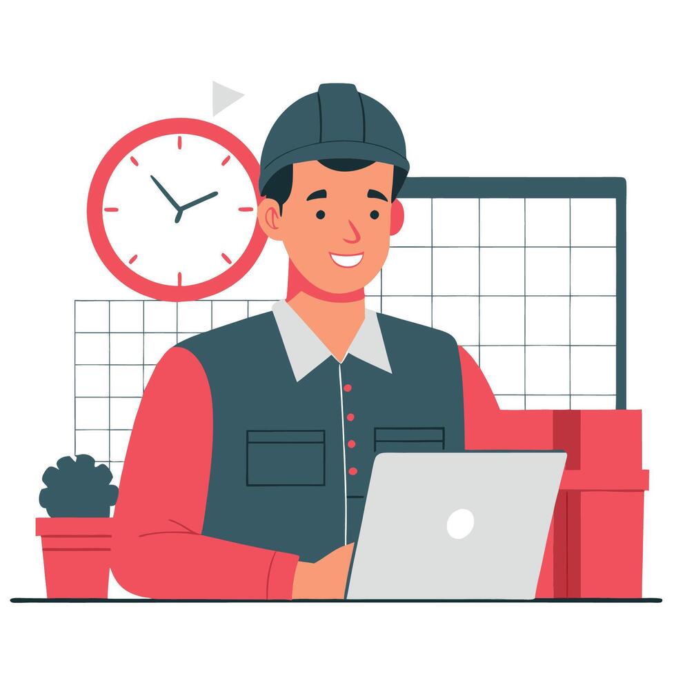 A man in a hard hat and vest is working on a laptop vector