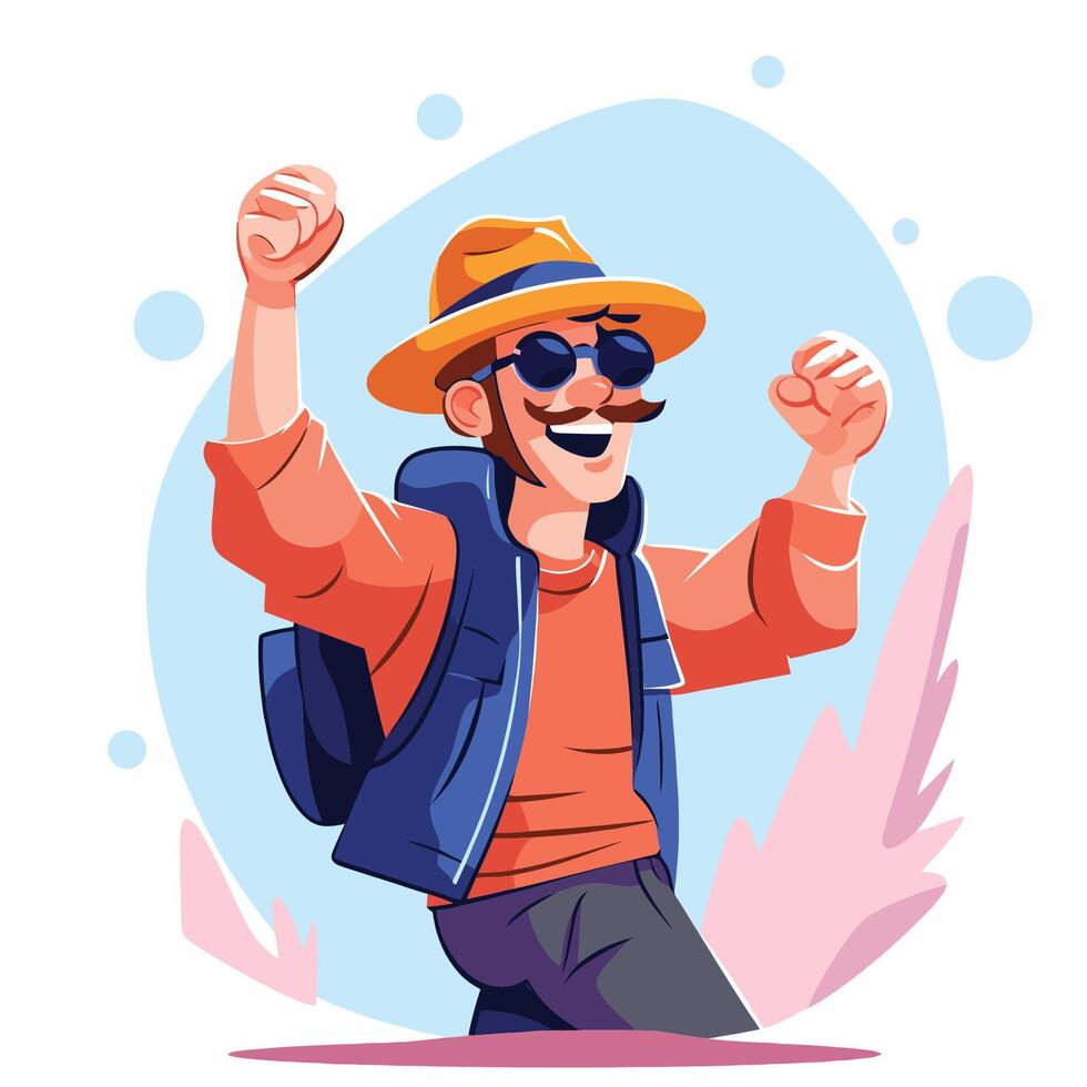 Happy man tourist with backpack and hat. illustration in cartoon style vector