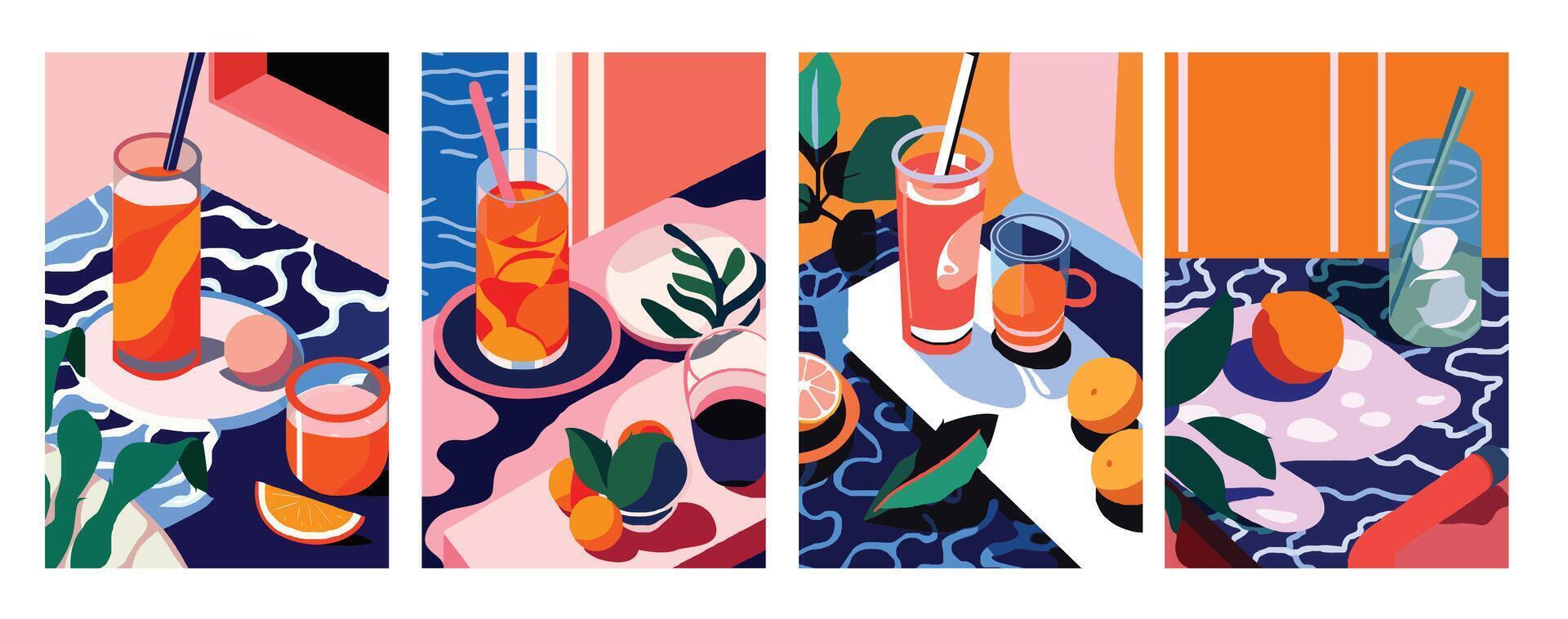 Set of horizontal banners with summer cocktails. Flat illustration in trendy flat style. vector