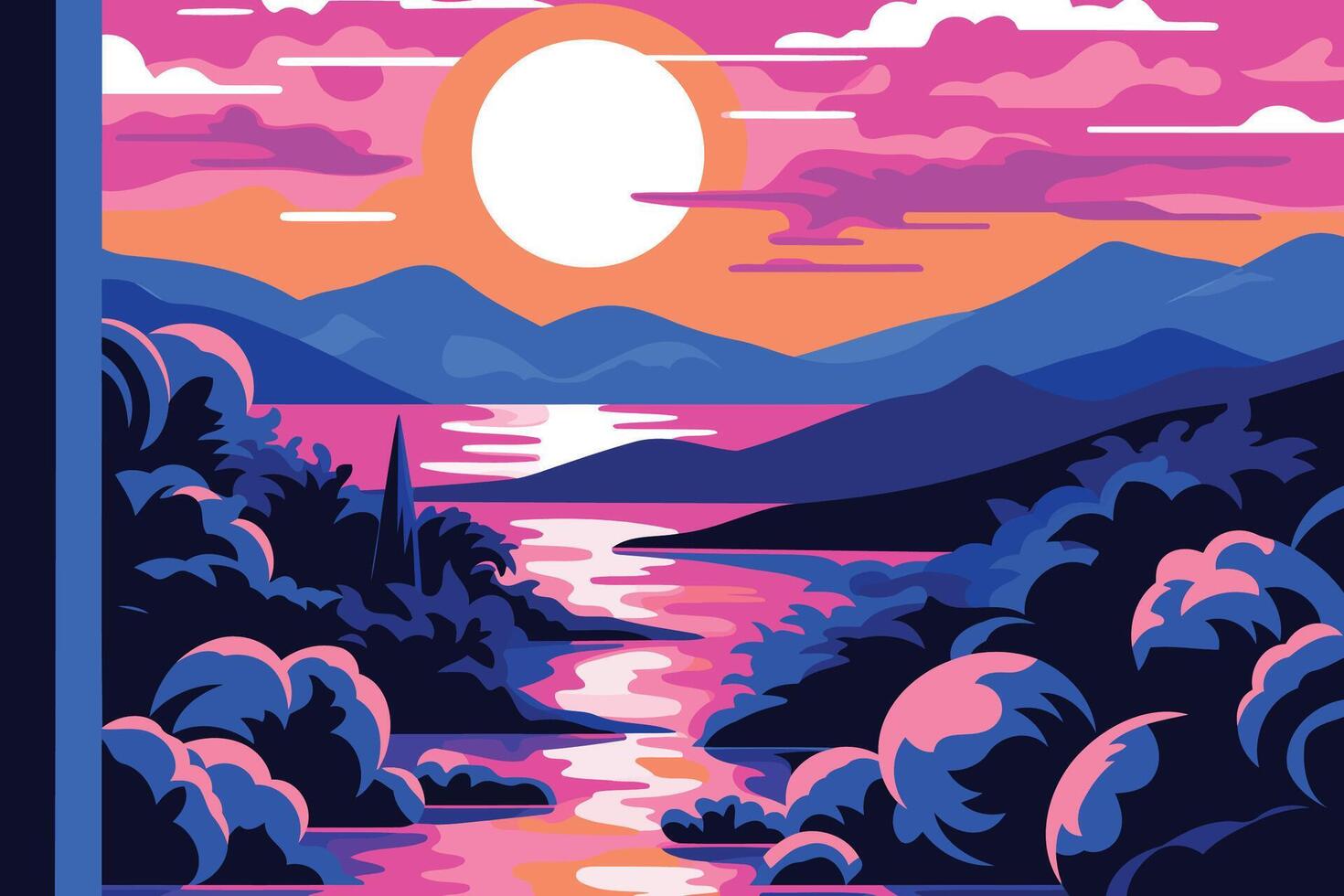Sunset on the lake. illustration in a flat style. vector