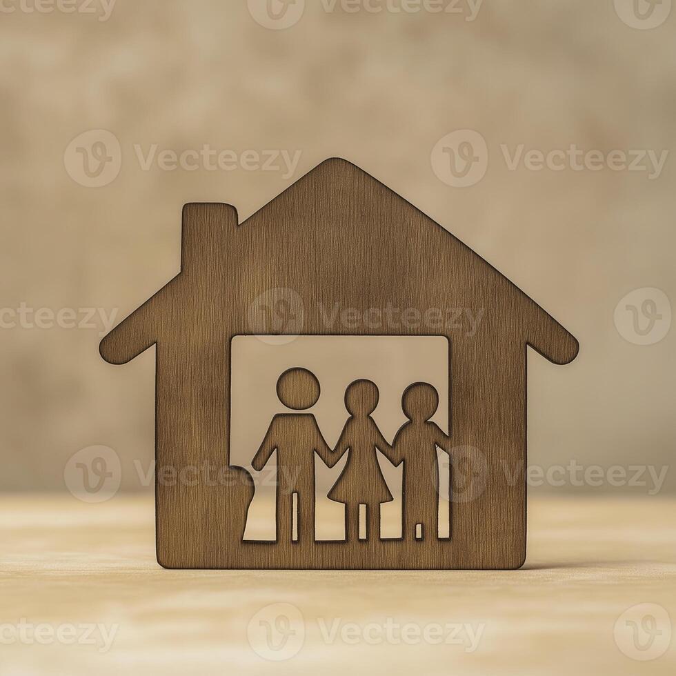 simple wooden house silhouette with family figures symbolizes home and togetherness photo