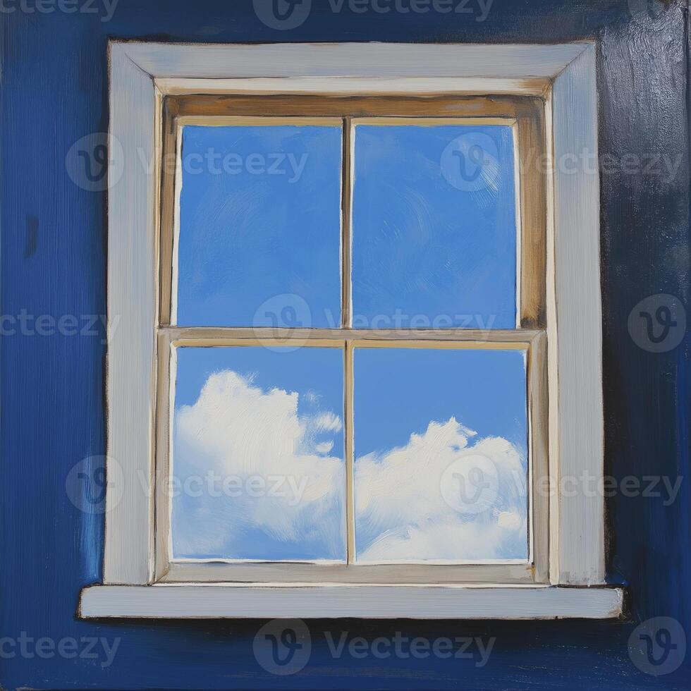 window frame with view of bright blue sky and fluffy clouds photo