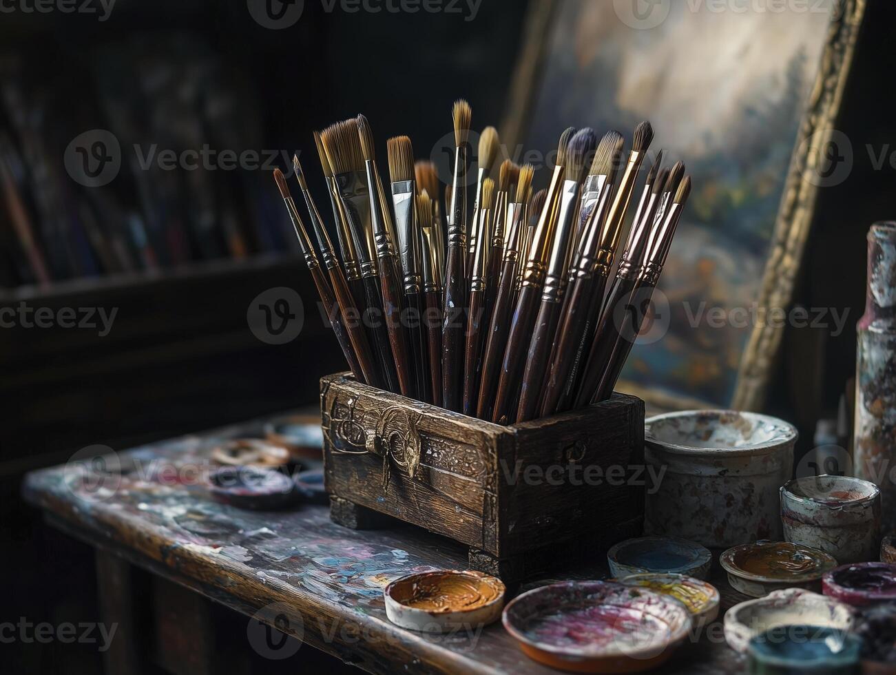 wooden brush holder filled with various painting brushes, surrounded by paint palettes and creative workspace photo