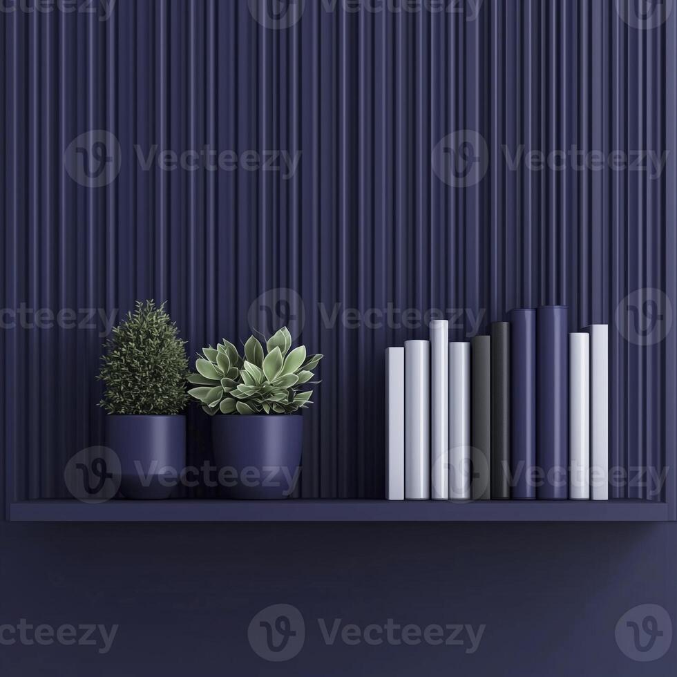 navy blue wall with fluted pattern features books and plants on shelf, creating modern and stylish atmosphere photo