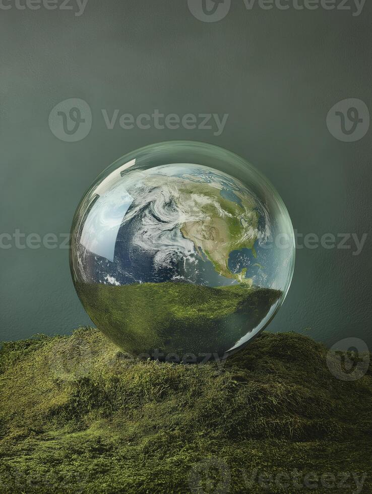 glass sphere containing Earth sits on mossy ground, symbolizing nature beauty and fragility photo