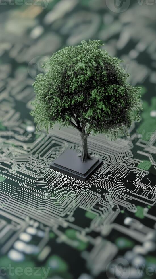 green tree is growing on electronic circuit board symbolizes nature and technology. This unique blend highlights innovation and sustainability photo