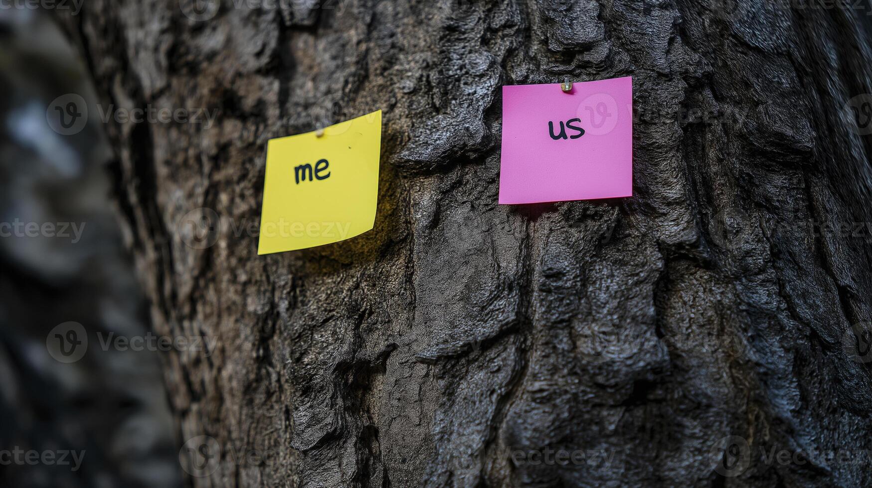 Two sticky notes on tree, one yellow labeled me and one pink labeled us, conveying message of connection and individuality photo