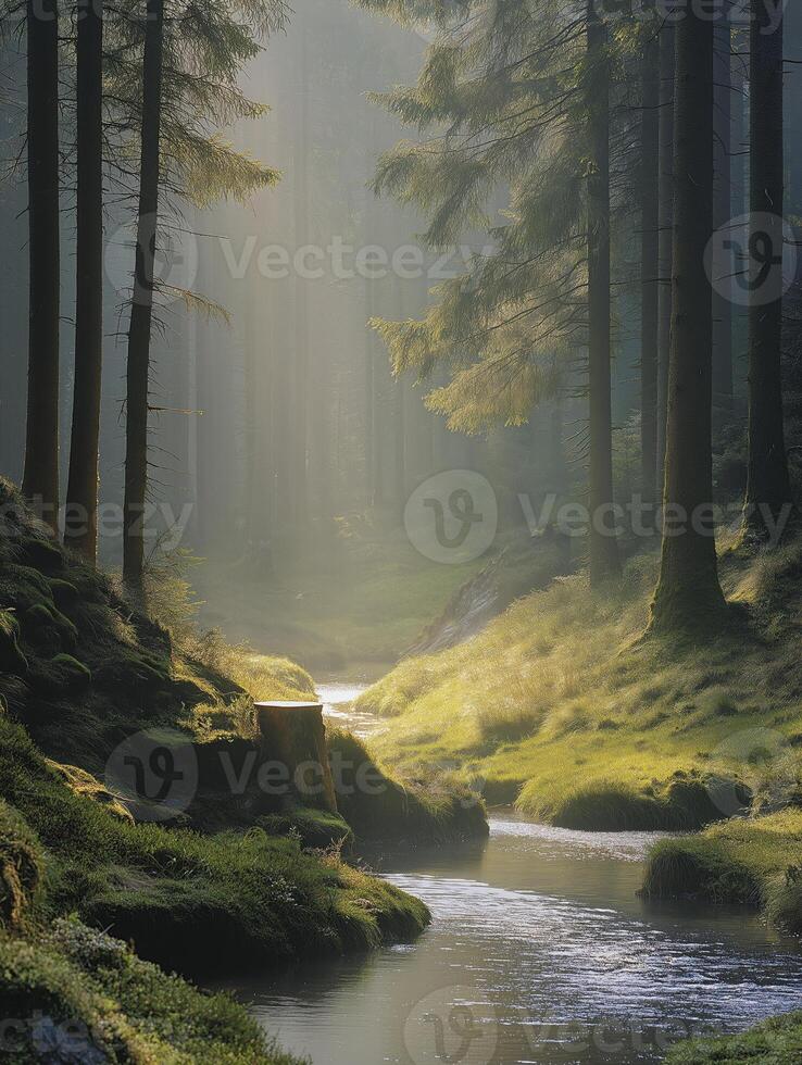serene forest scene with sunlight filtering through trees, illuminating gentle stream. lush greenery creates tranquil atmosphere photo