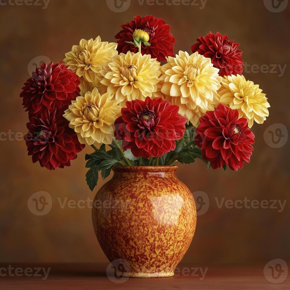 ceramic vase filled with vibrant red and yellow dahlia flowers creates stunning centerpiece. rich colors and textures evoke warmth and beauty photo