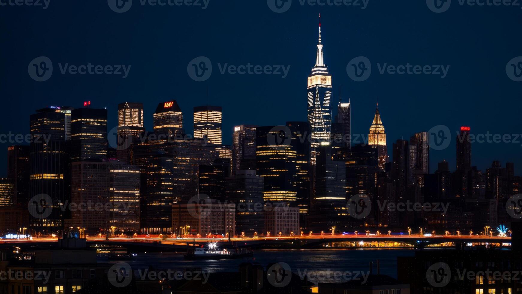 Night View of Illuminated Manhattan Skyline with Skyscrapers and Bridge photo