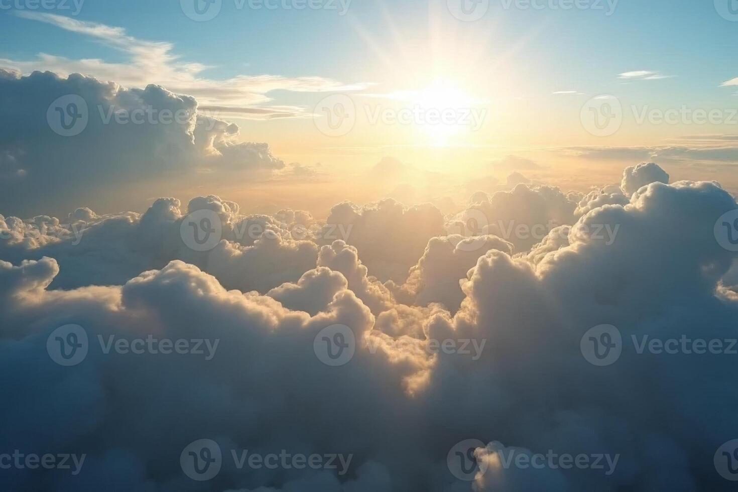 Golden Sunset Above a Sea of Clouds Aerial View of Dramatic Cumulus Cloudscape photo