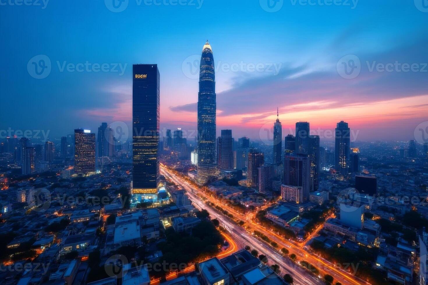 Stunning Sunset Skyline View of Modern City with Illuminated Roads and Skyscrapers photo