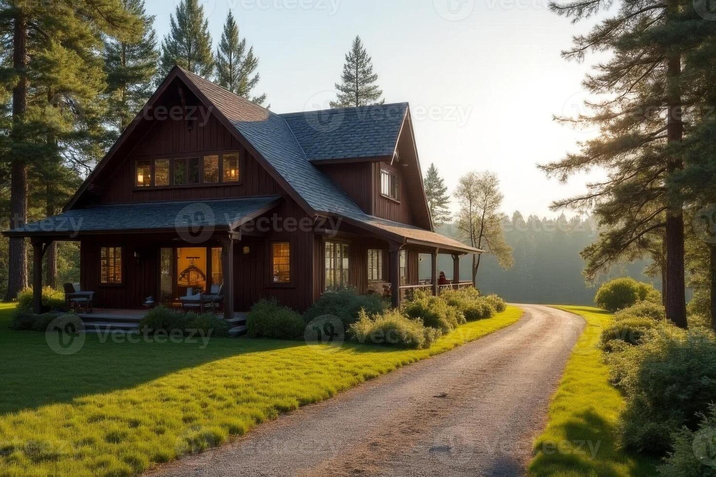 Rustic Log Cabin Home in Wooded Area Scenic Driveway Sunset photo