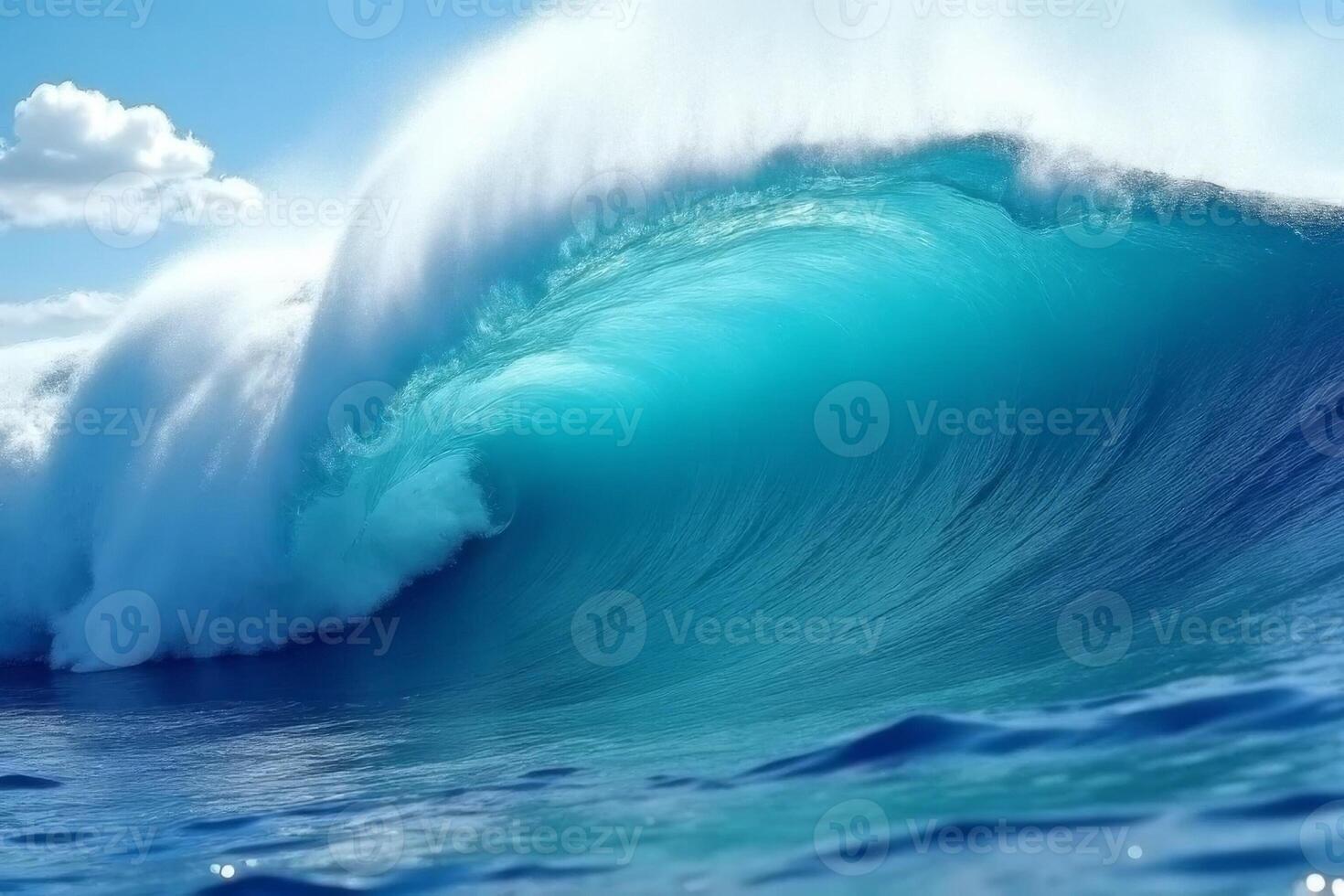 Majestic Ocean Wave Crashing Turquoise Water Powerful Surf Blue Sky photo