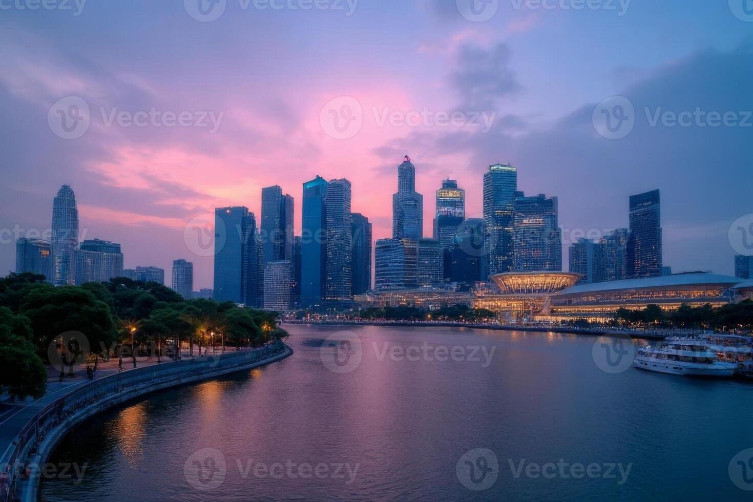 Stunning Cityscape at Sunset Skyline Waterfront and Modern Architecture photo
