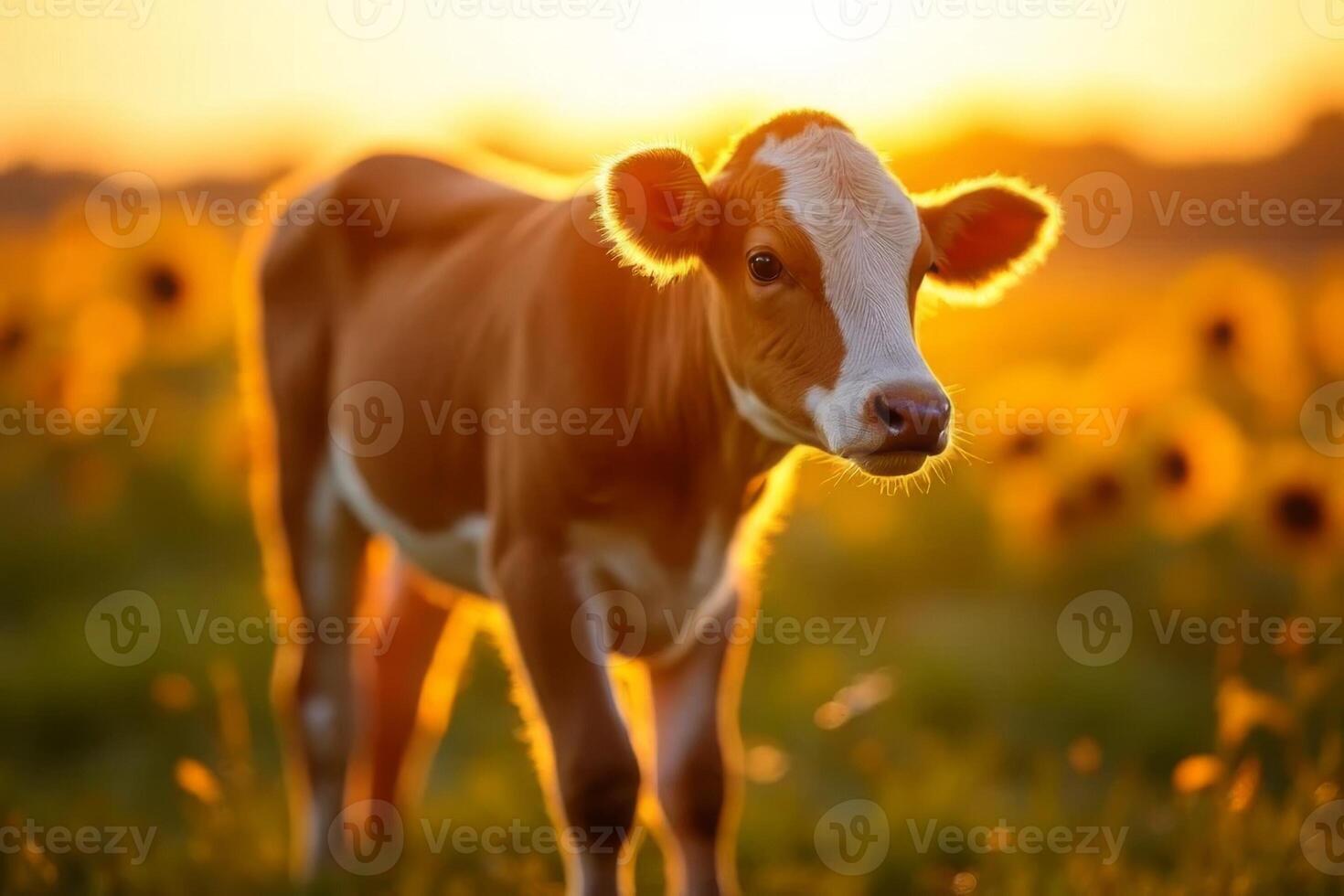 Adorable Calf in Golden Sunset Field Sunlit Meadow Farm Animal photo