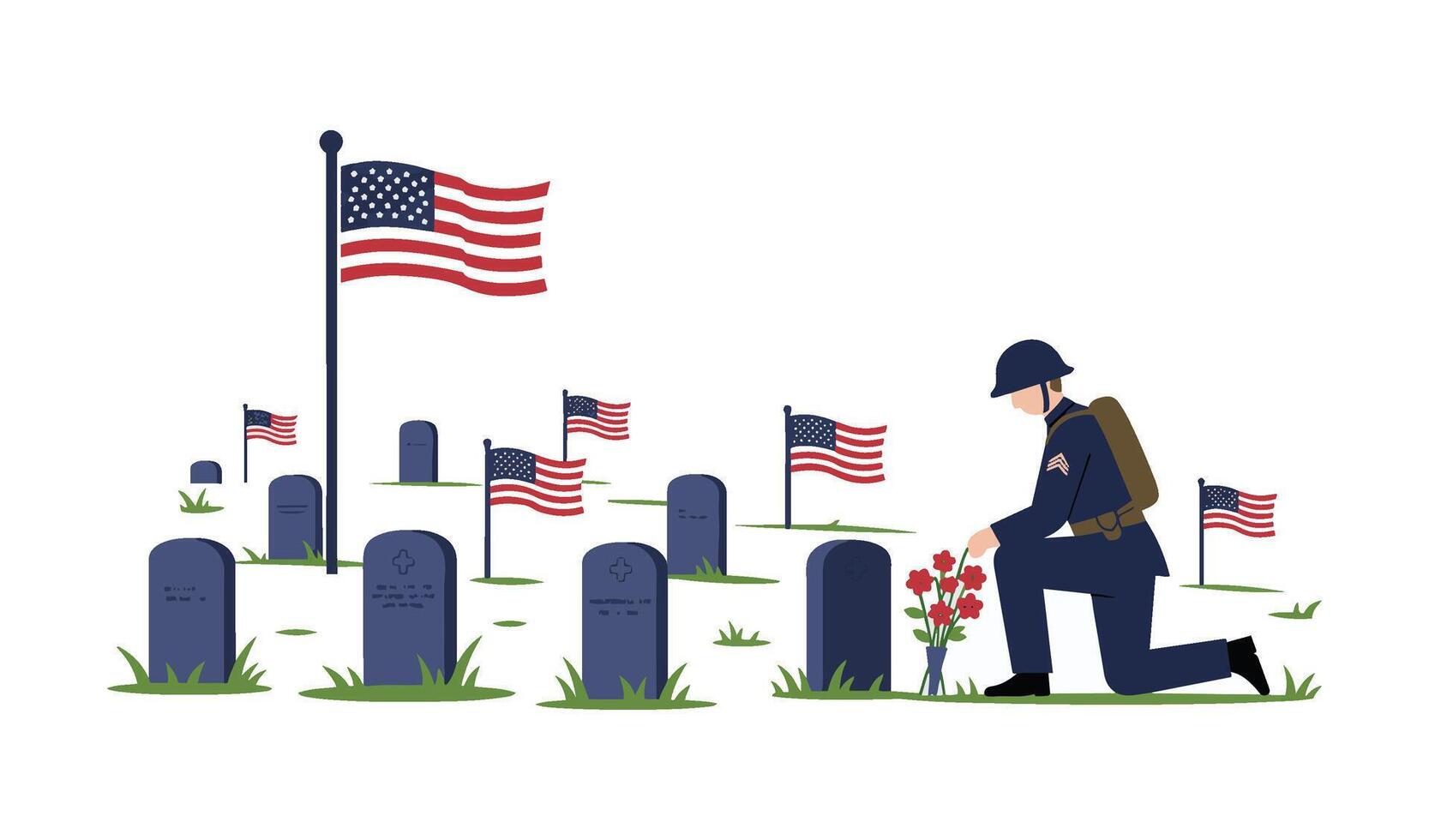 Memorial Holiday Illustration with American Flag Display and Military Honor Tribute in Patriotic Military Scene vector