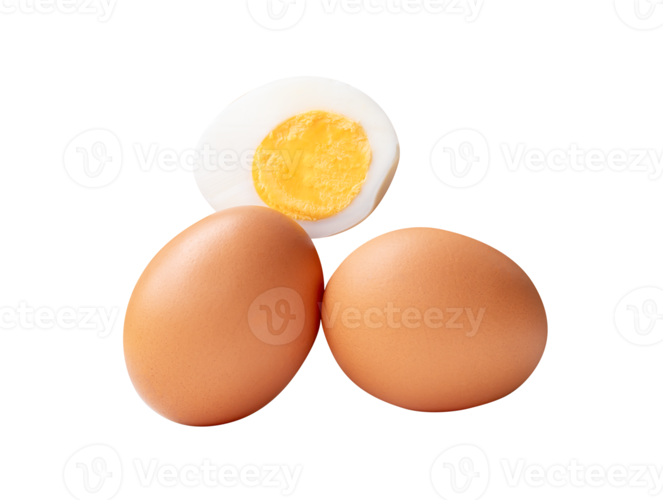 Two raw chicken eggs and cooked or boiled egg with egg yolk in one half isolated with clipping path in file format png