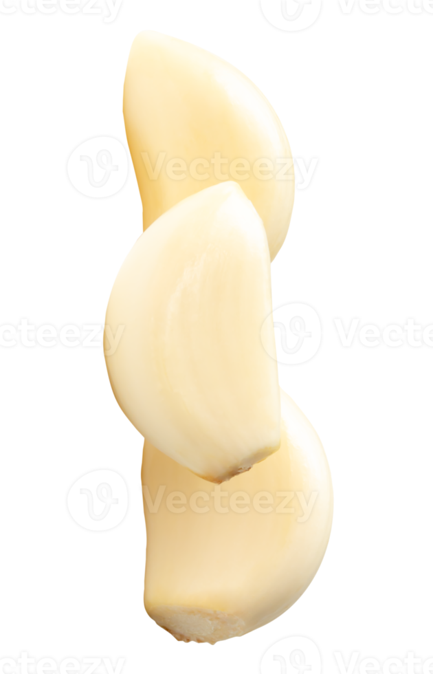 A vertical pile of white peeled garlic cloves or pieces isolated with clipping path in file format png