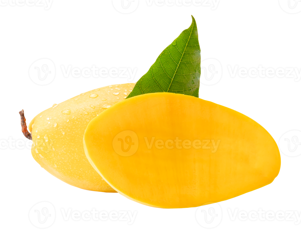 Single ripe yellow mango fruit with half and green leaf in stack isolated with clipping path in file format png