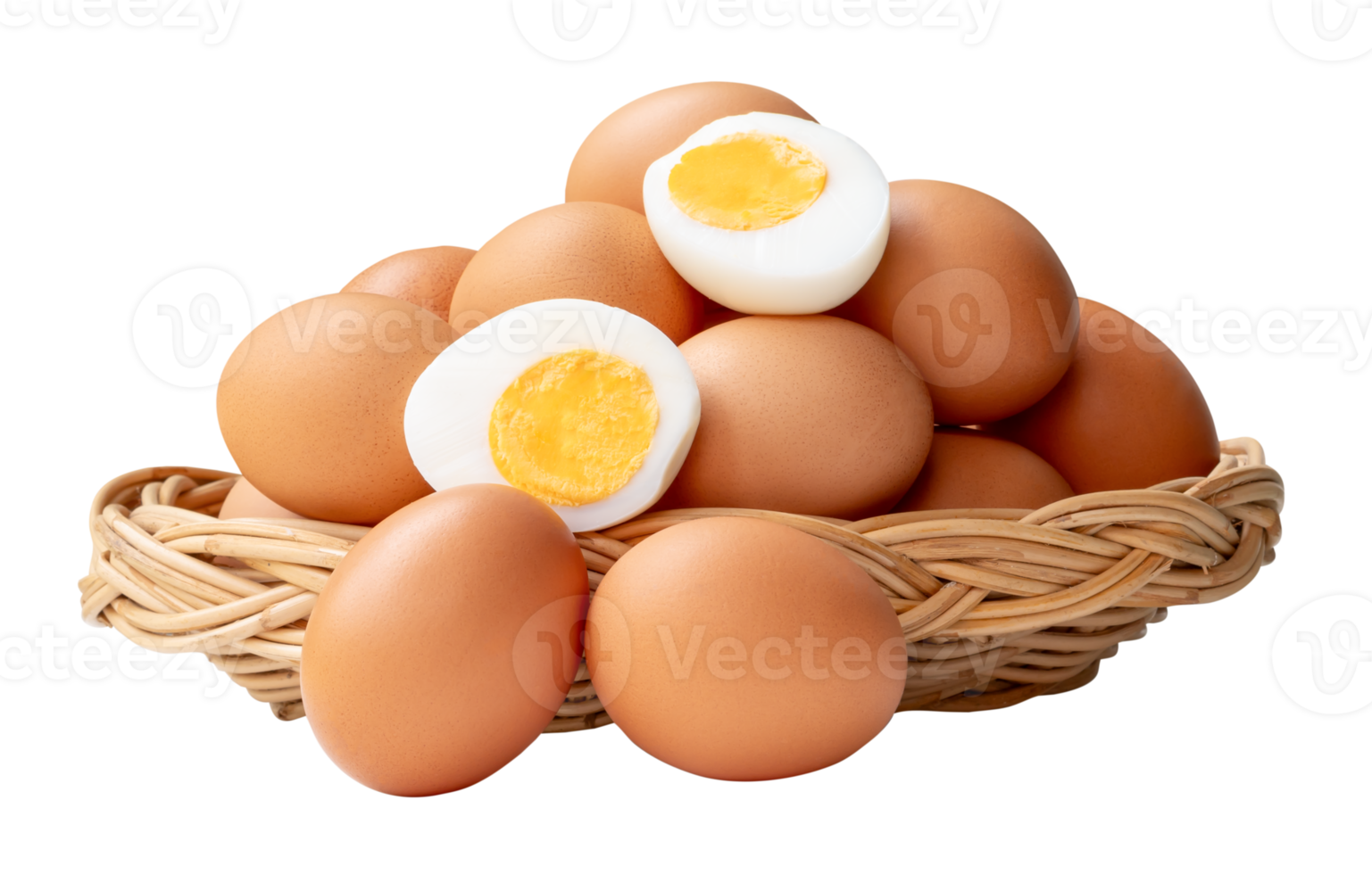 Raw brown chicken eggs and peeled cooked or boiled eggs with egg yolk in two halves in stack in wicker basket isolated with clipping path in file format png