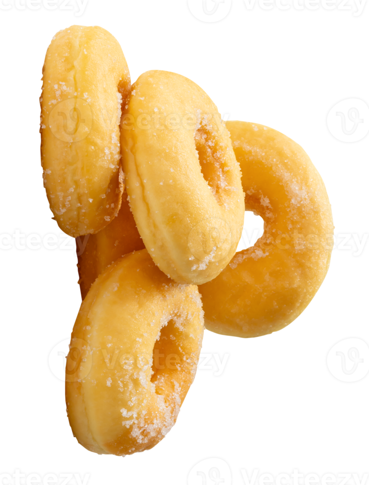Brown sugar glazed cinnamon donuts in vertical pile isolated with clipping path in file format png