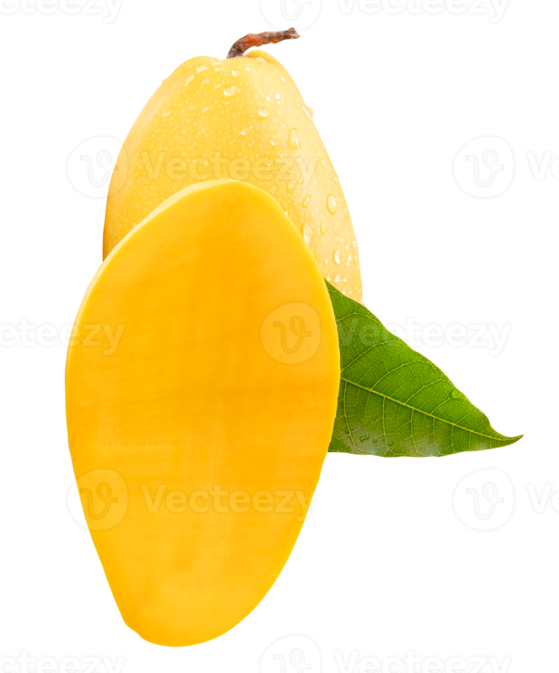 Ripe yellow mango fruit with half and green leaf in stack isolated with clipping path in file format png