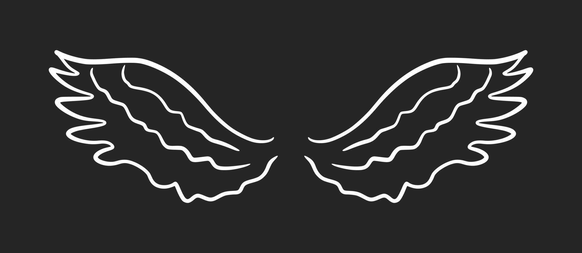 Doodle angel wing, sketch wings. Hand drawn bird tattoo silhouette. Illustration on black background. Fly symbol. Single element vector