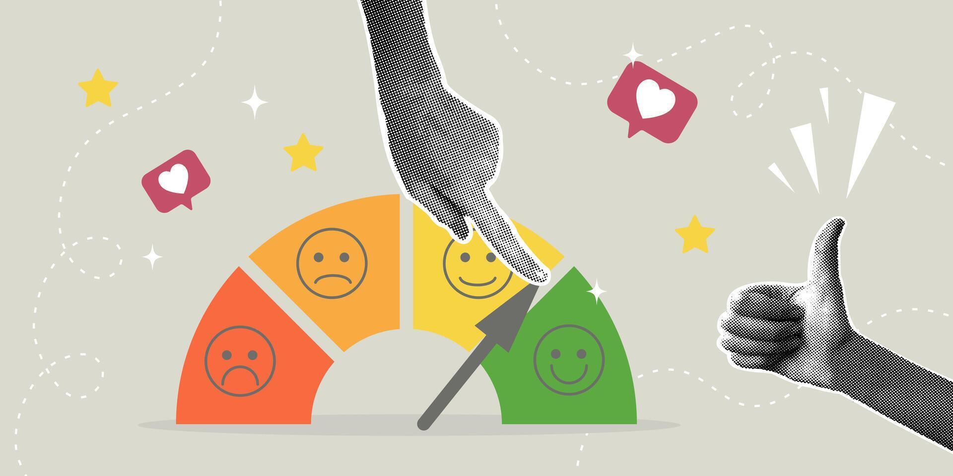 Trendy halftone collage. Customer satisfaction meter.Customer feedback concept, customer evaluation, quality improvement concept. Hand moves arrow to high score, hand pkazat Excellent. vector