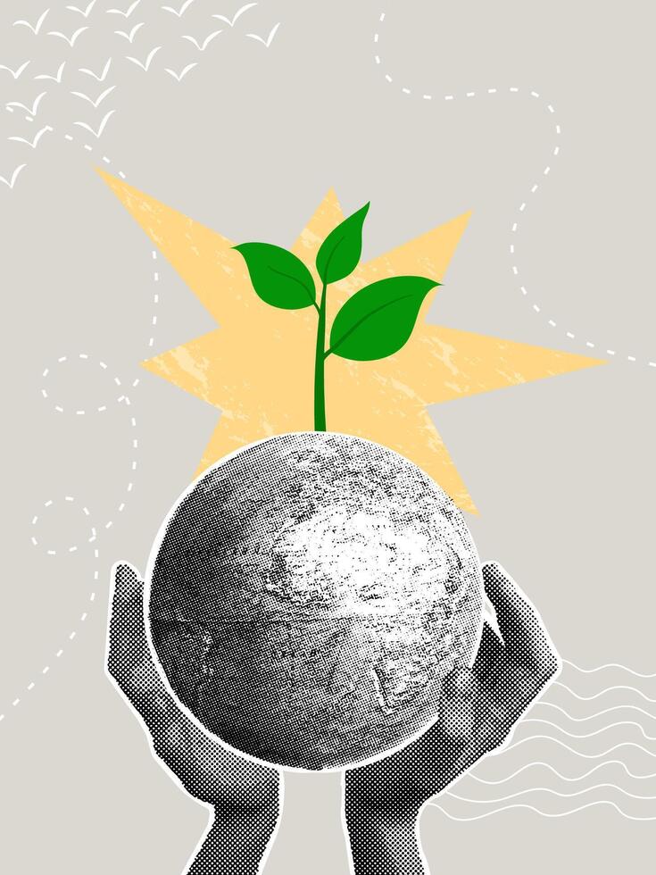 Trendy halftone collage. Concept of caring for our planet, careful attitude, sprout, concept of beginning and prosperity. illustration vector